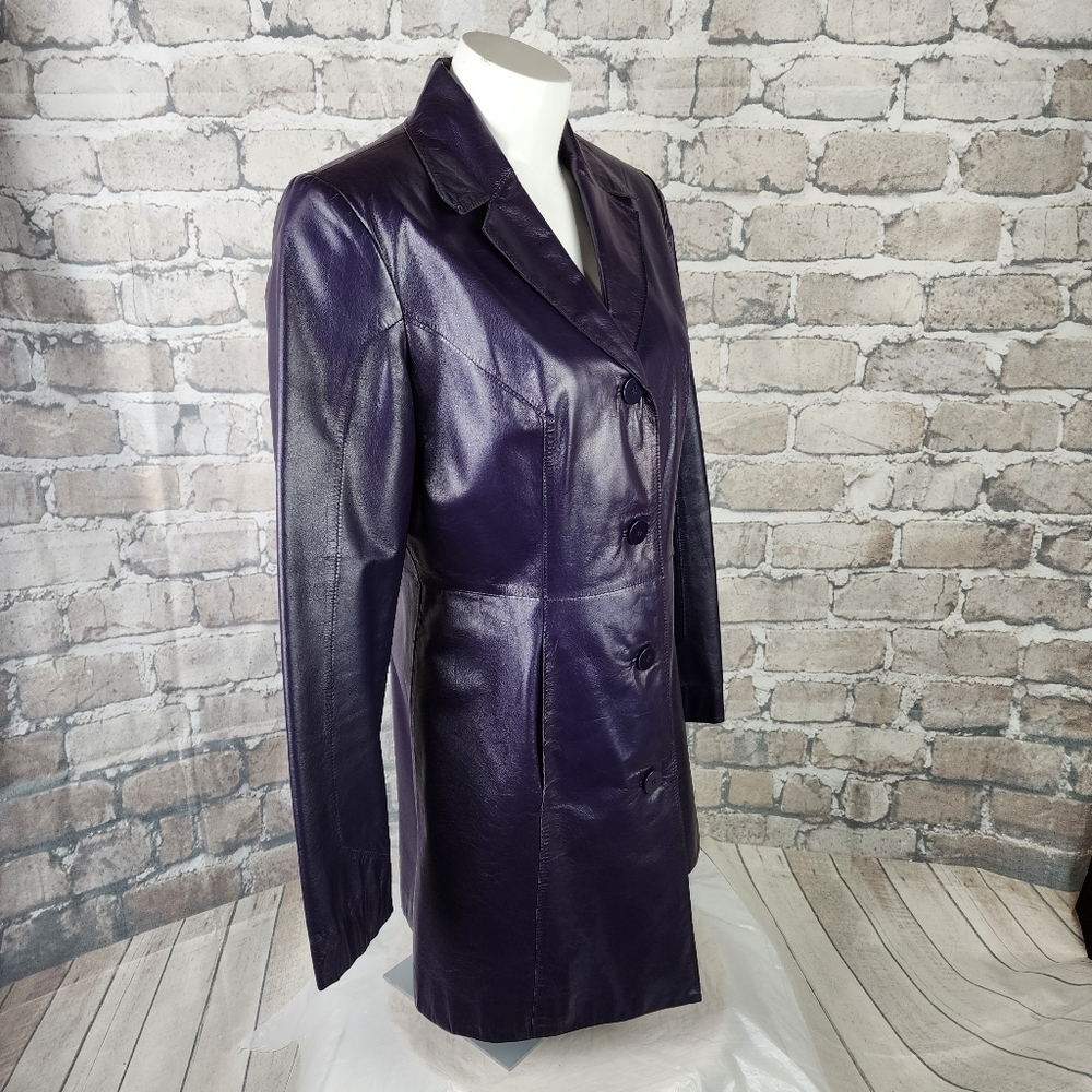 Vintage Danier Leather Button Front Trench Coat Dark Purple Size 6 Whimsigoth - Picture 7 of 16